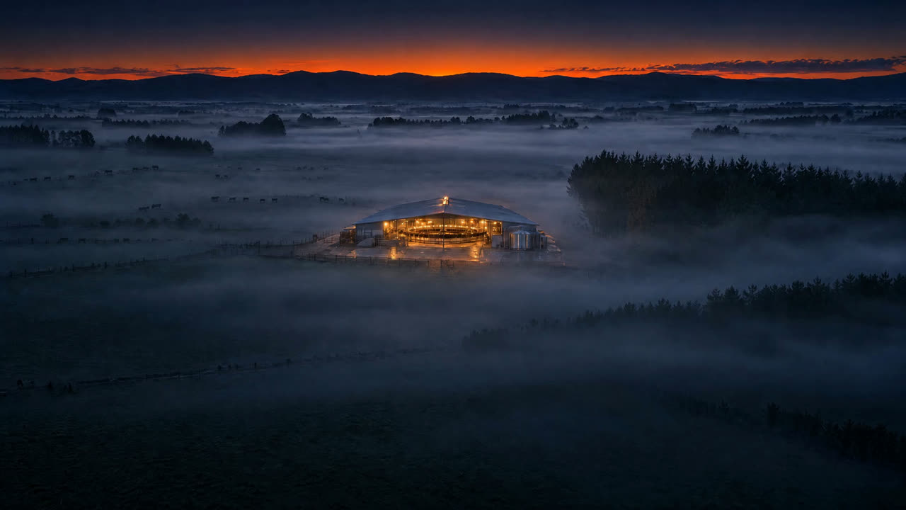 A lit rotary dairy shed glowing through ground mist before dawn