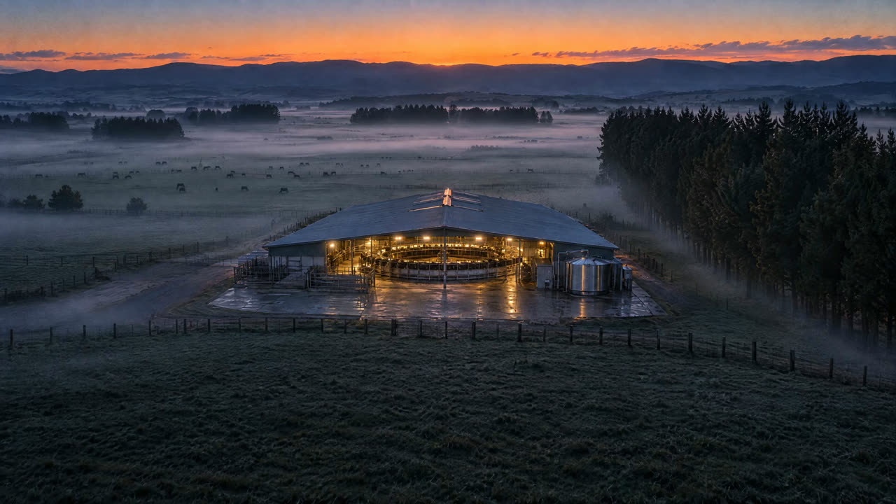 The shed in the blue hour, mist over the paddocks and a pine shelterbelt beside it